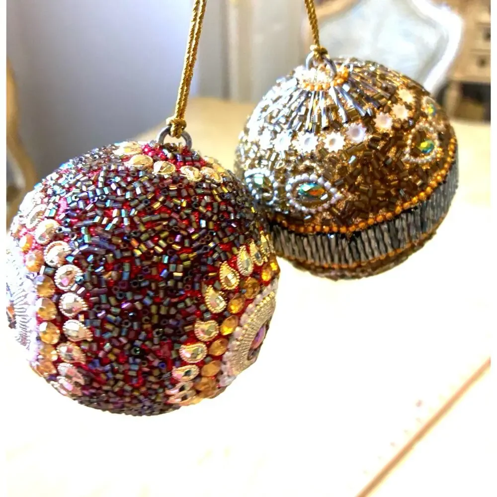 2 VTG Beaded Christmas Ornaments Jewels Balls Ornate Bling Sparkle Pier 1 Style